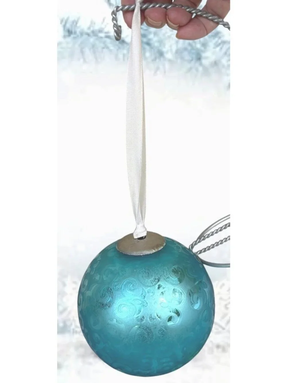 Vintage Large Aqua Blue Christmas Ornament Winter Snow Nostalgic White Ribbon